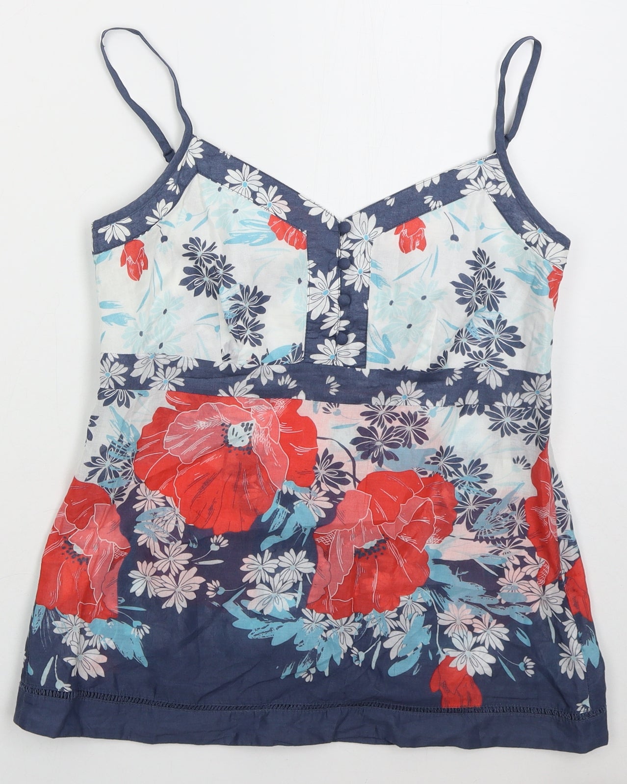 Monsoon Womens Blue Floral Cotton Basic Tank Size 12 V-Neck