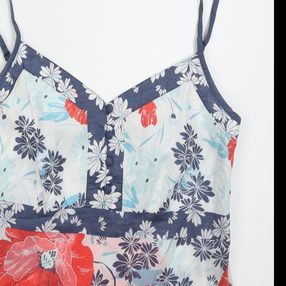 Monsoon Womens Blue Floral Cotton Basic Tank Size 12 V-Neck