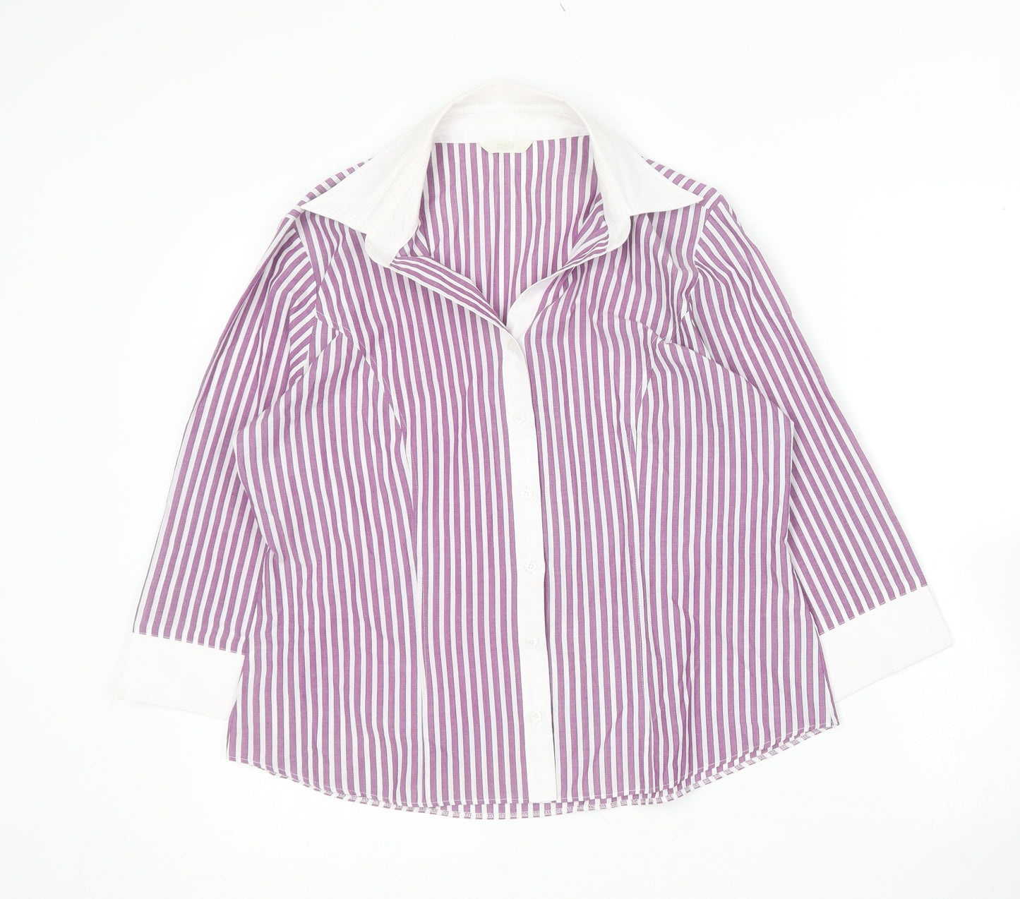 Marks and Spencer Womens Purple Striped Polyester Basic Button-Up Size 16 Collared