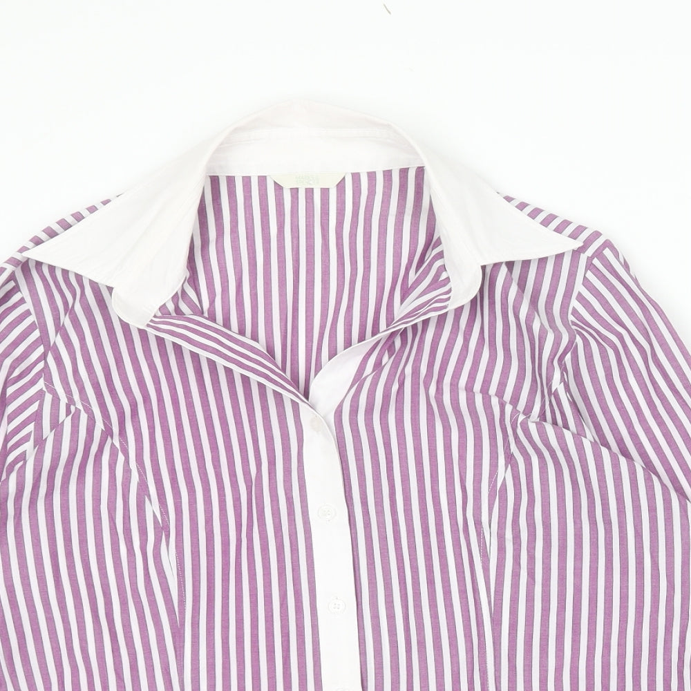 Marks and Spencer Womens Purple Striped Polyester Basic Button-Up Size 16 Collared