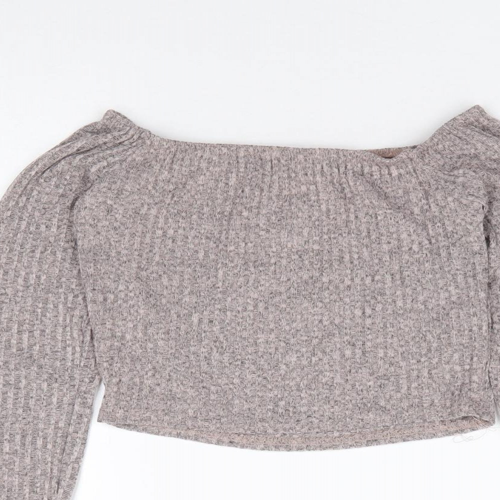 Pretty Little Thing Womens Grey  Polyester Blend Cropped T-Shirt Size 10 Boat Neck - Ribbed