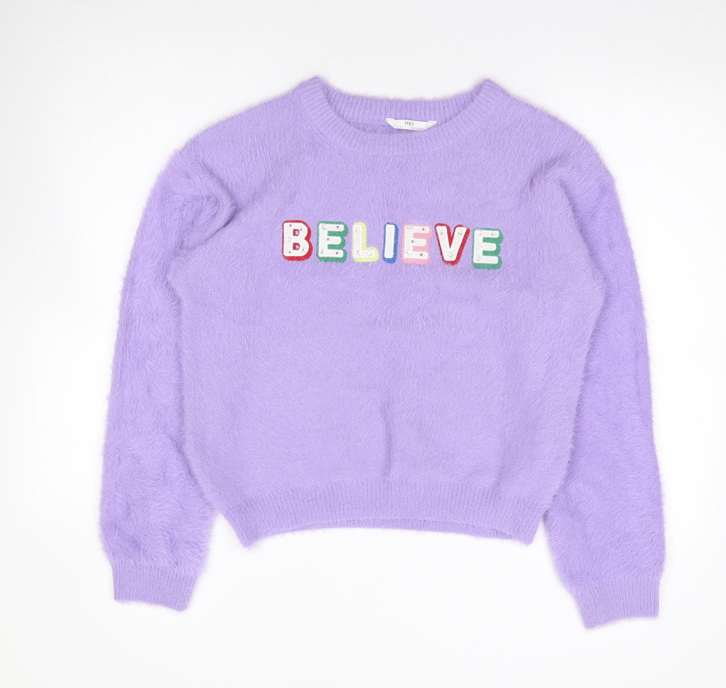Marks and Spencer Girls Purple Round Neck  Polyamide Pullover Jumper Size 15-16 Years  Pullover - Fluffy, Believe