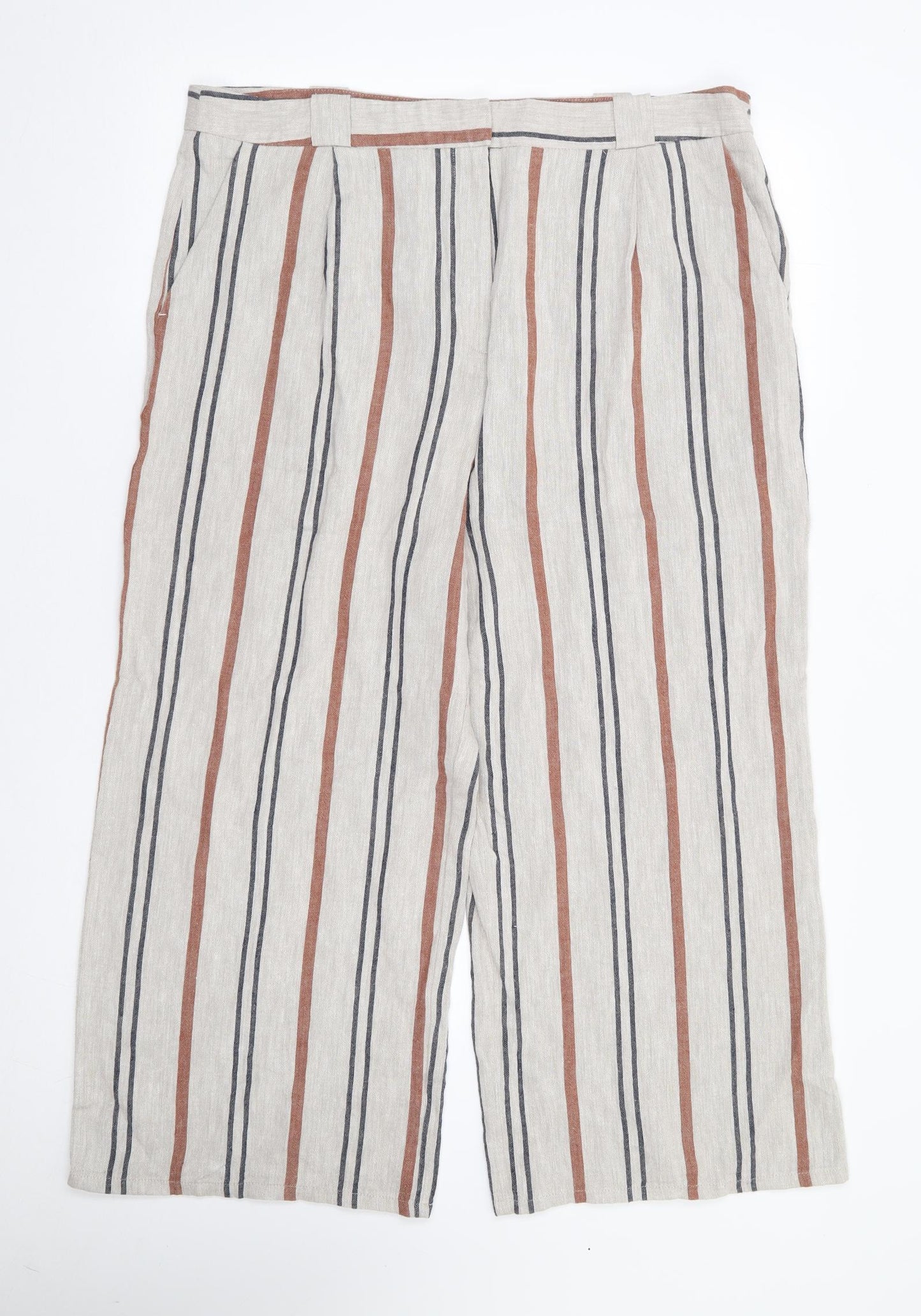 F&F Womens Multicoloured Striped Linen Trousers  Size 16 L25 in Regular Zip