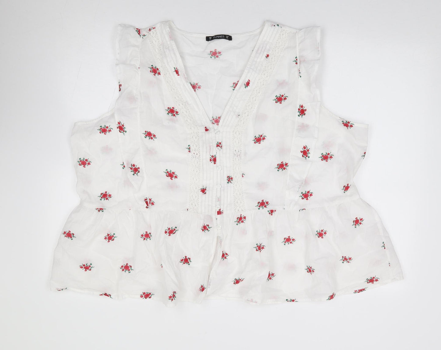 Dunnes Womens Ivory Floral 100% Cotton Jersey Button-Up Size 2XL V-Neck