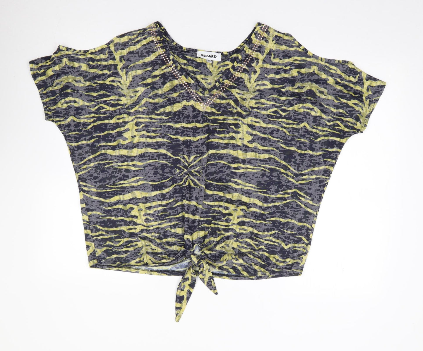 Gerard Womens Green Animal Print Polyester Jersey T-Shirt Size 14 V-Neck