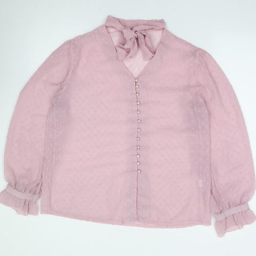 Preworn Womens Pink  Polyester Jersey Button-Up Size M V-Neck