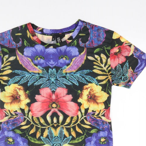 Topshop Womens Multicoloured Floral Polyester Jersey T-Shirt Size 6 Crew Neck