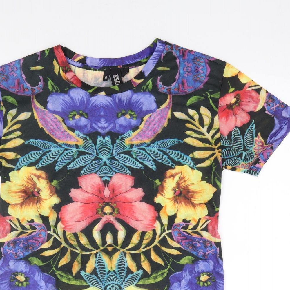 Topshop Womens Multicoloured Floral Polyester Jersey T-Shirt Size 6 Crew Neck