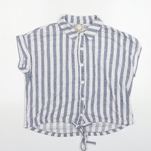 Tru Self Womens Grey Striped Polyester Basic Button-Up Size L Collared