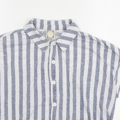 Tru Self Womens Grey Striped Polyester Basic Button-Up Size L Collared