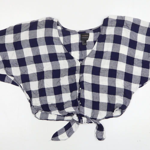 FOREVER 21 Womens Blue Check Cotton Cropped Button-Up Size S V-Neck