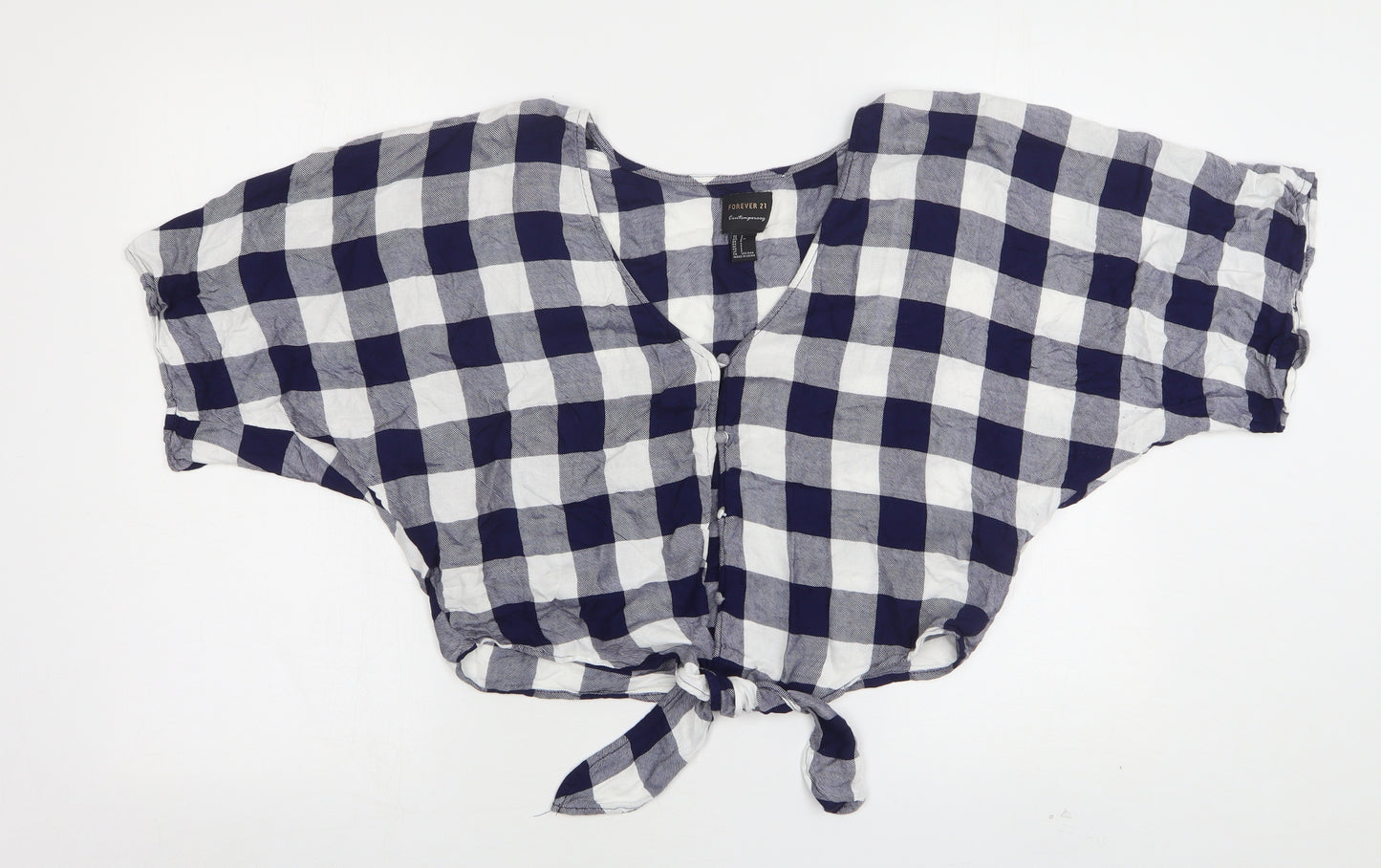 FOREVER 21 Womens Blue Check Cotton Cropped Button-Up Size S V-Neck