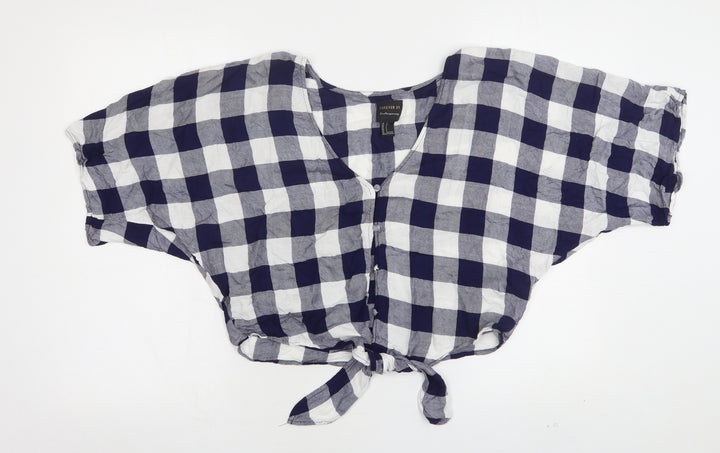 FOREVER 21 Womens Blue Check Cotton Cropped Button-Up Size S V-Neck