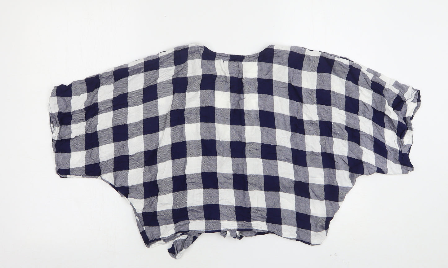 FOREVER 21 Womens Blue Check Cotton Cropped Button-Up Size S V-Neck