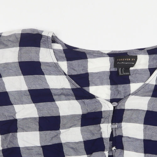 FOREVER 21 Womens Blue Check Cotton Cropped Button-Up Size S V-Neck