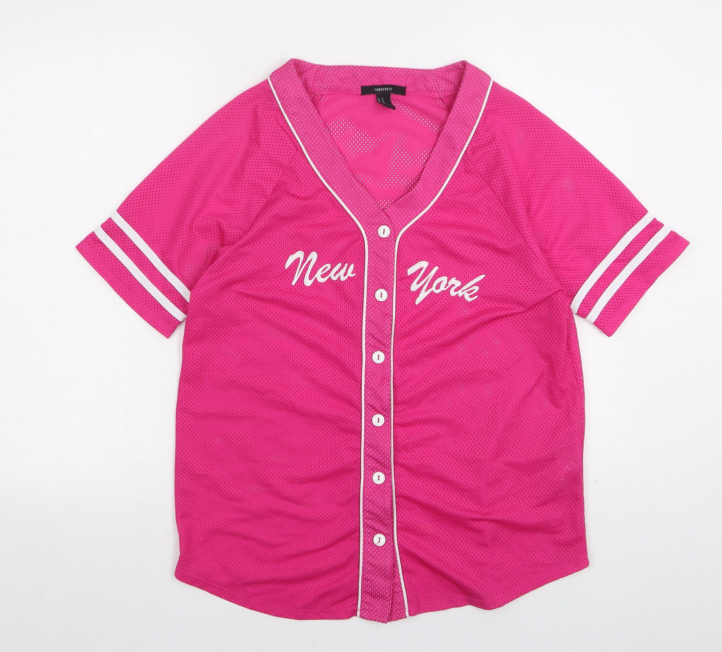FOREVER 21 Womens Pink  Polyester Basic Button-Up Size M V-Neck
