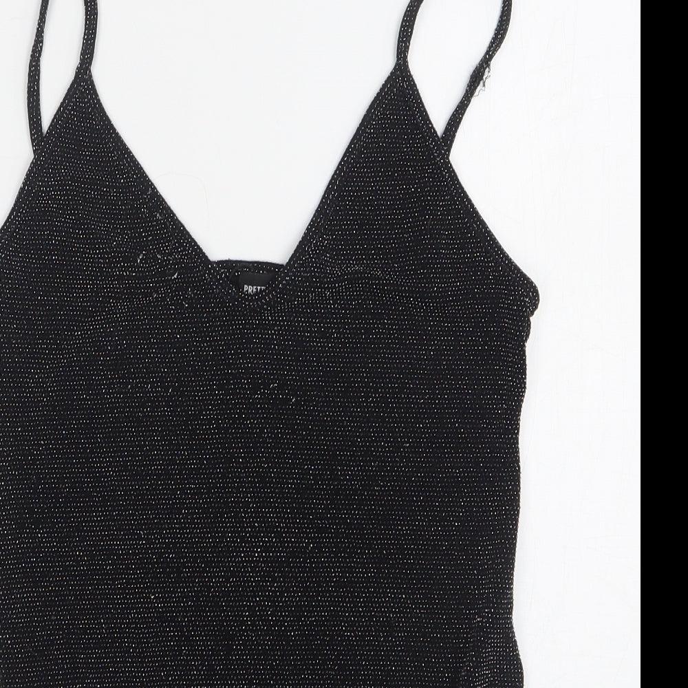 PRETTYLITTLETHING Womens Black Spotted Nylon Bodysuit One-Piece Size 14