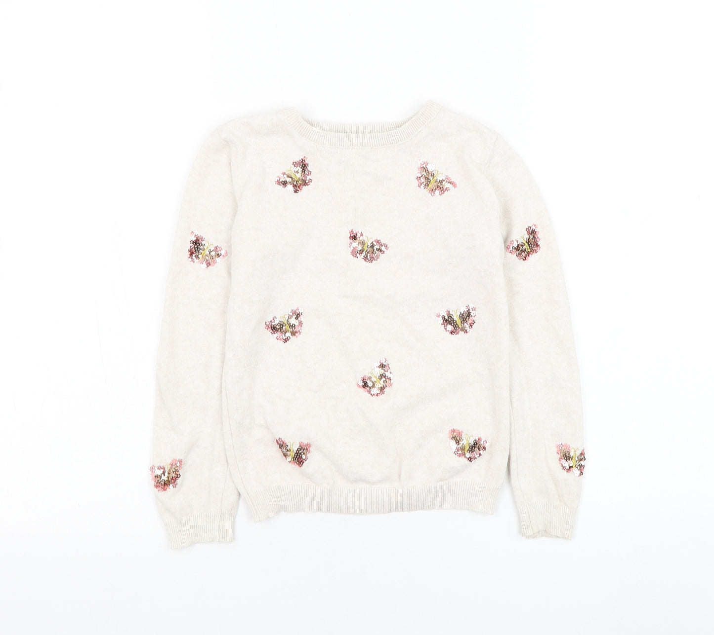 Primark Girls Ivory Round Neck  Cotton Pullover Jumper Size 6-7 Years  Pullover - Butterfly