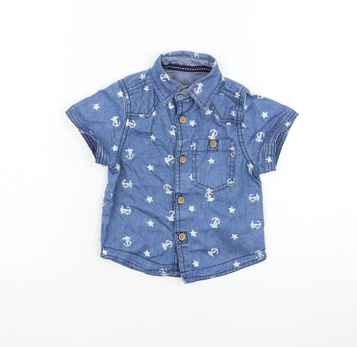 Rebel Boys Blue Cotton Basic Button-Up Size 9-12 Months Collared Button - Anchor