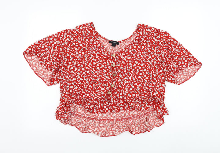 New Look Womens Red Floral Viscose Basic Blouse Size 16 Round Neck