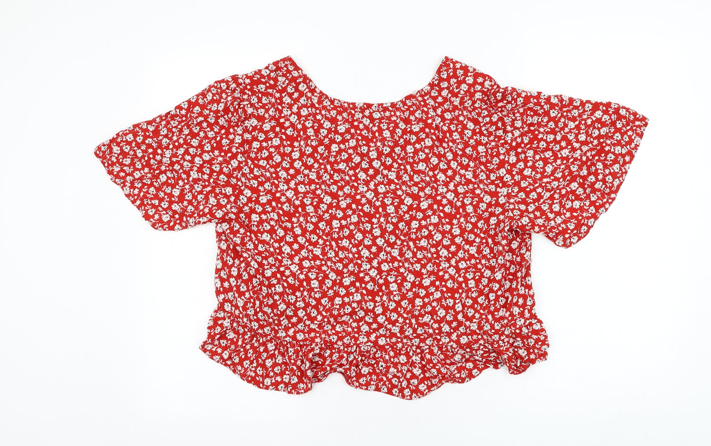 New Look Womens Red Floral Viscose Basic Blouse Size 16 Round Neck