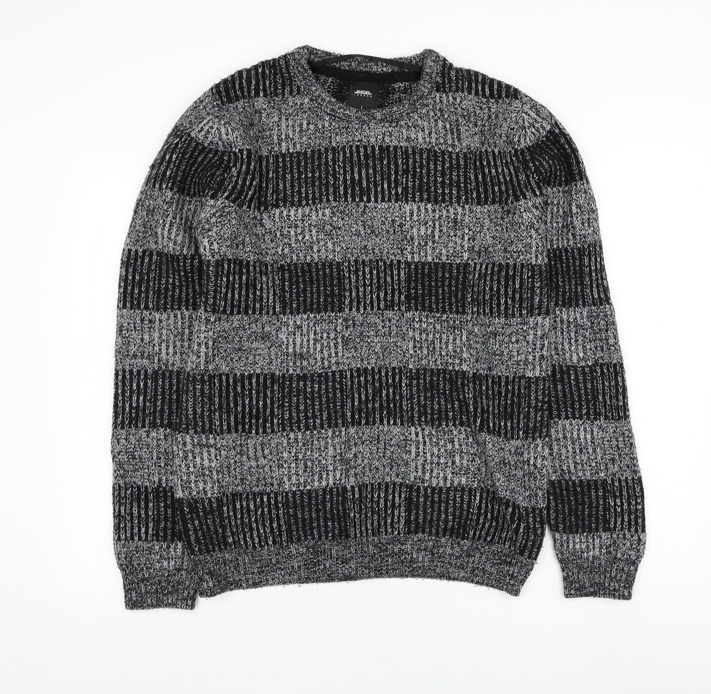 Burton Mens Grey Round Neck Striped Acrylic Pullover Jumper Size L