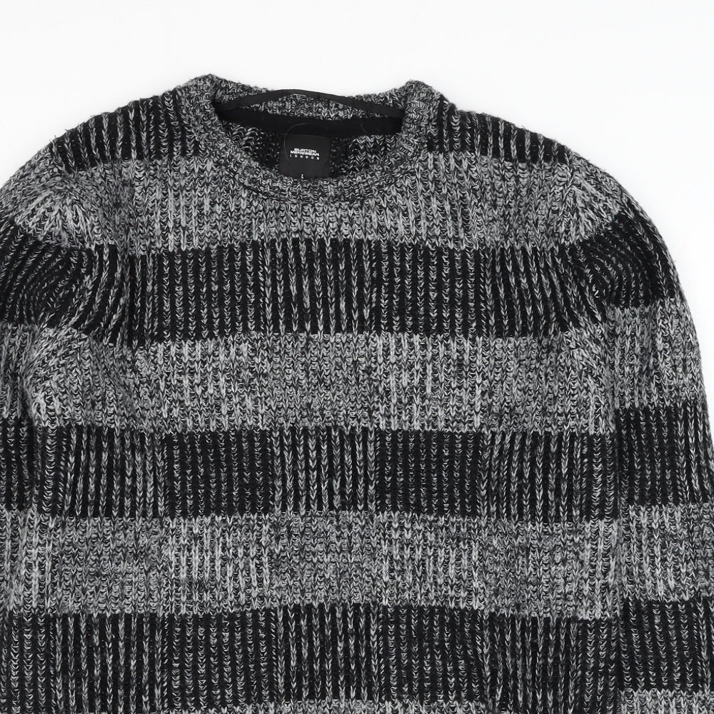 Burton Mens Grey Round Neck Striped Acrylic Pullover Jumper Size L