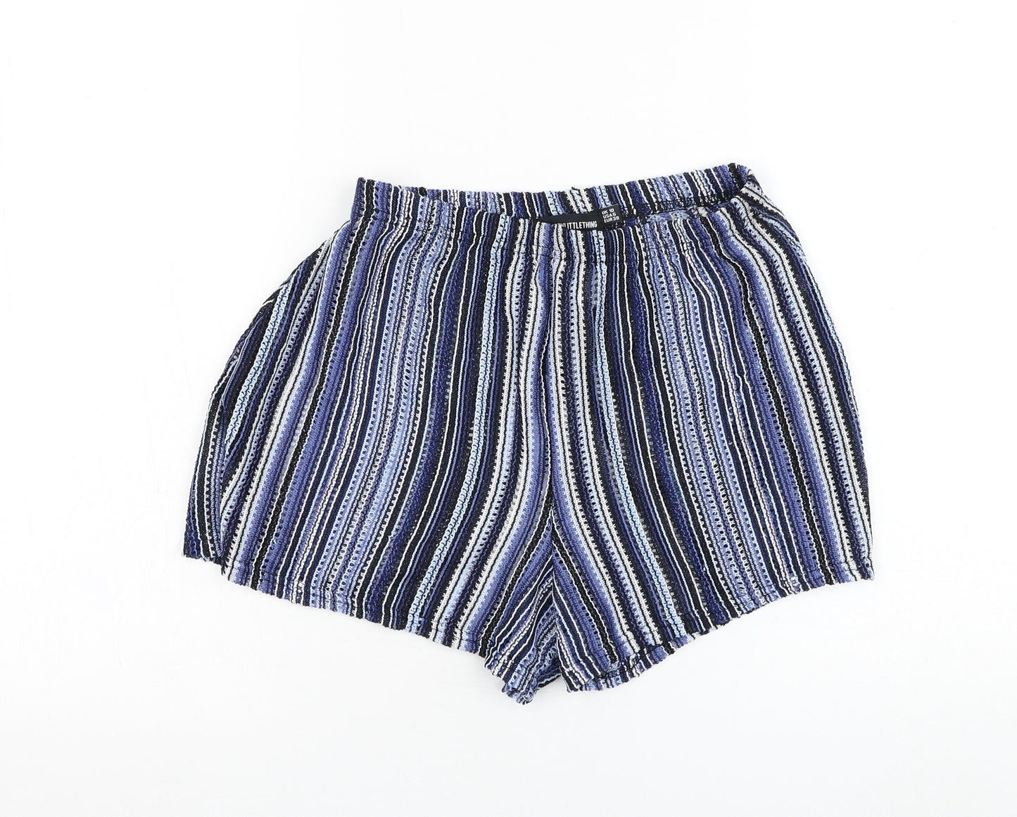 PRETTYLITTLETHING Womens Blue Striped Polyester Hot Pants Shorts Size 10 L4 in Regular Pull On