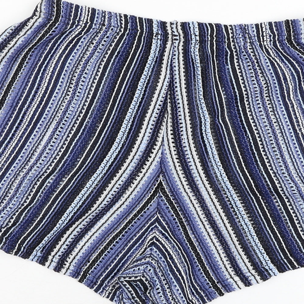 PRETTYLITTLETHING Womens Blue Striped Polyester Hot Pants Shorts Size 10 L4 in Regular Pull On