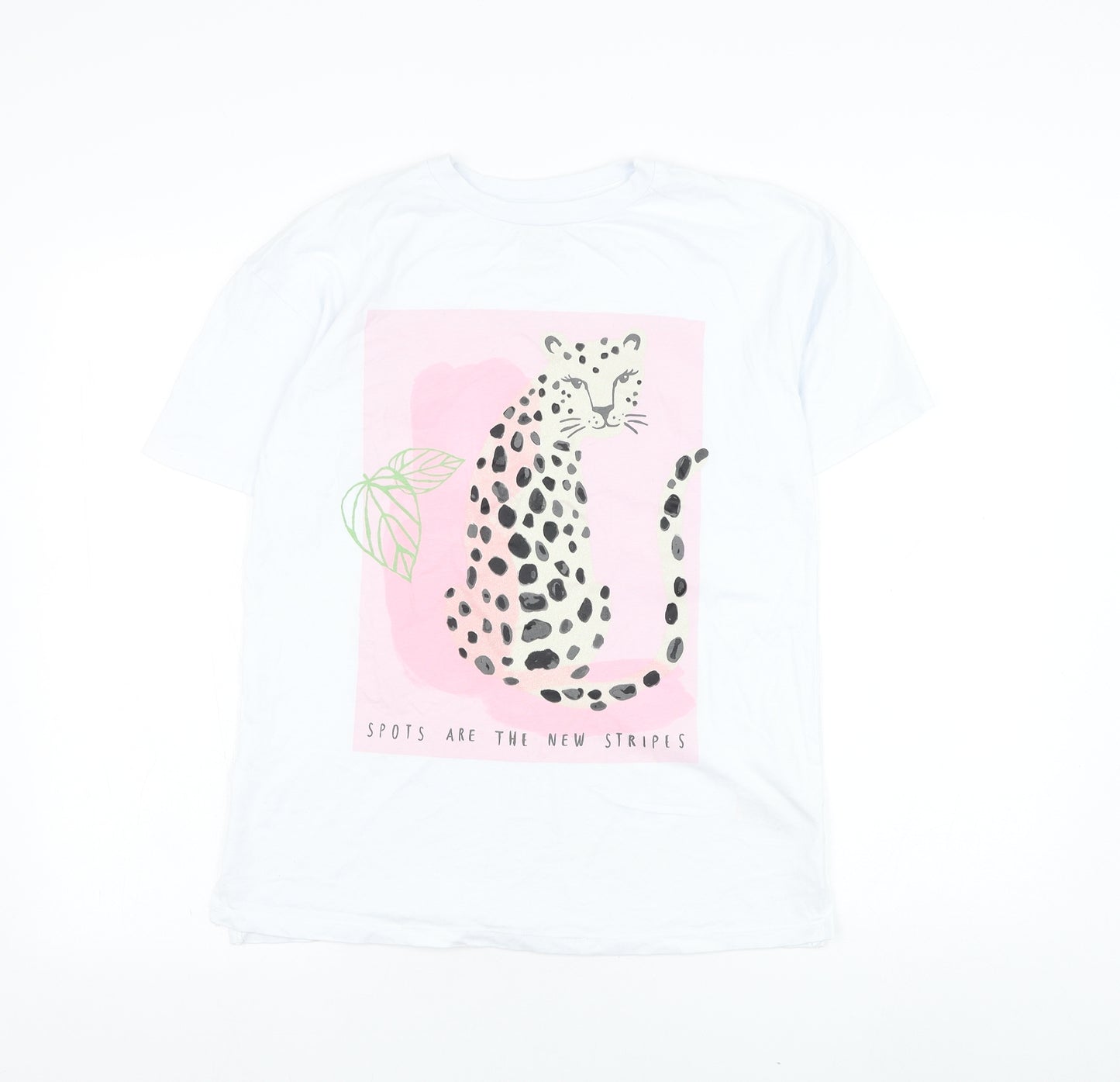 NEXT Girls White  Cotton Basic T-Shirt Size 11 Years Round Neck Pullover - Cheetah