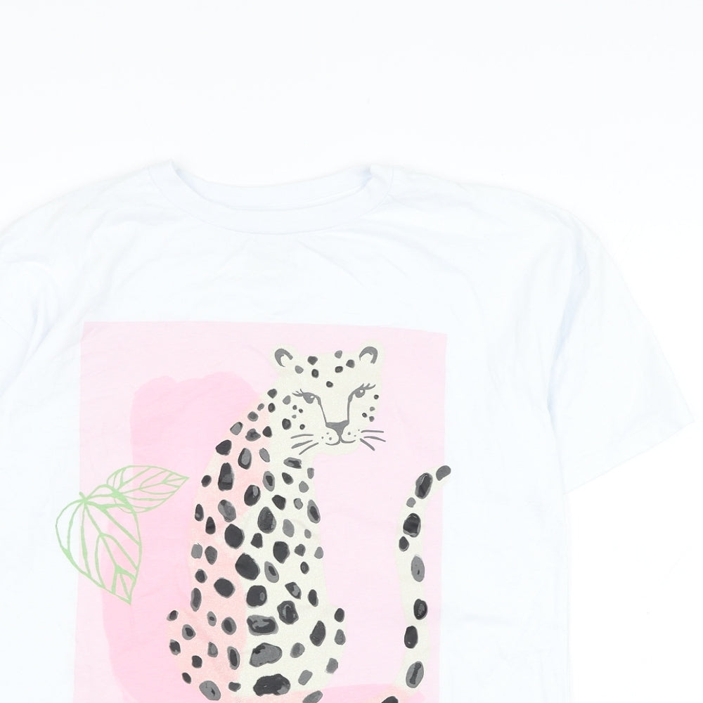 NEXT Girls White  Cotton Basic T-Shirt Size 11 Years Round Neck Pullover - Cheetah