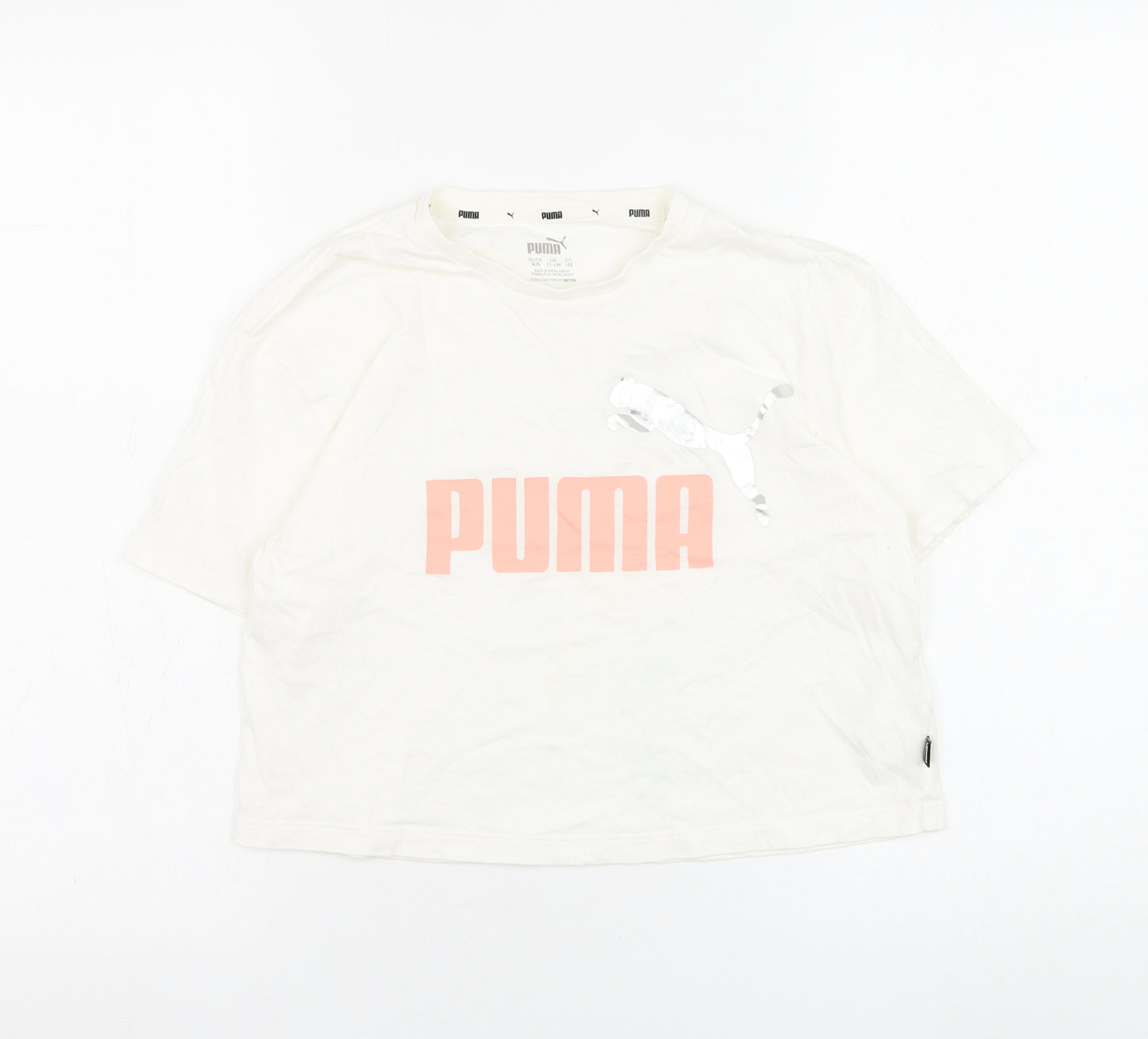 PUMA Girls White  Cotton Basic T-Shirt Size 11-12 Years Round Neck Pullover