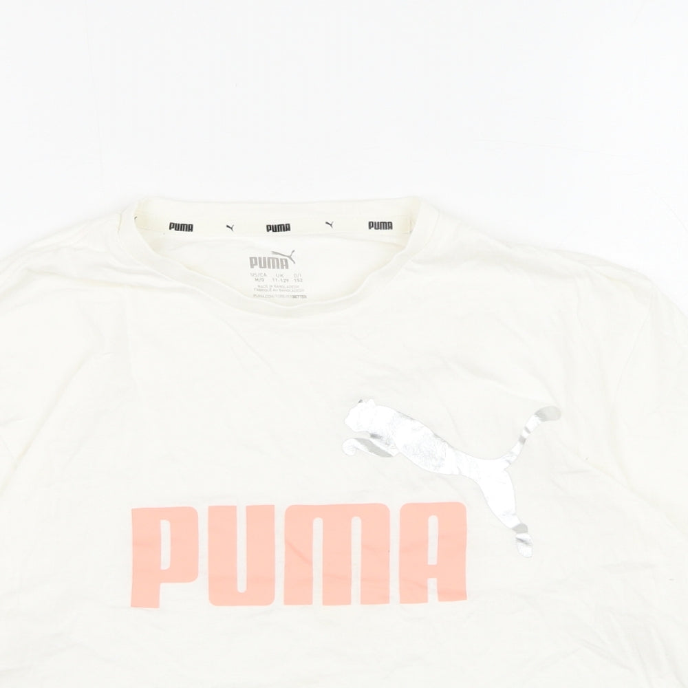 PUMA Girls White  Cotton Basic T-Shirt Size 11-12 Years Round Neck Pullover