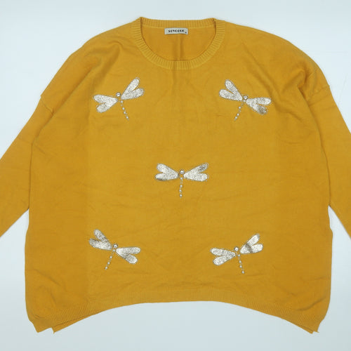 sovogue Womens Yellow Round Neck  Acrylic Pullover Jumper Size M   - Butterflies
