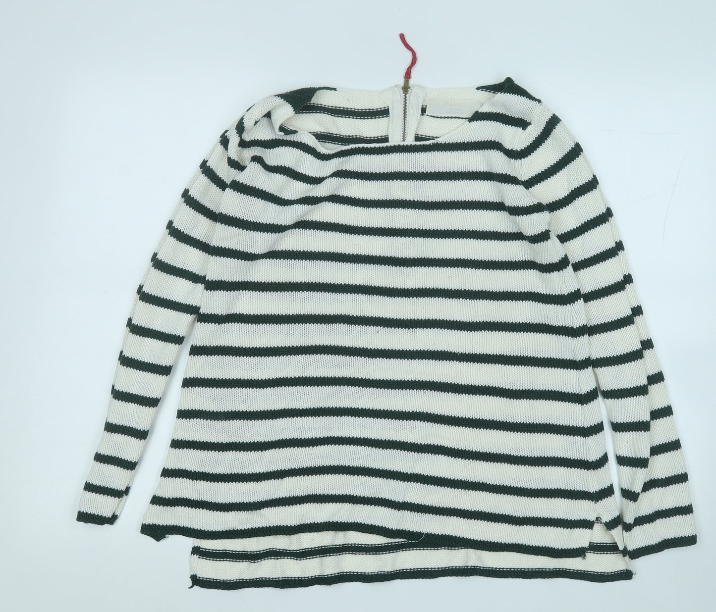 Zara Womens Green Round Neck Striped Cotton Pullover Jumper Size L