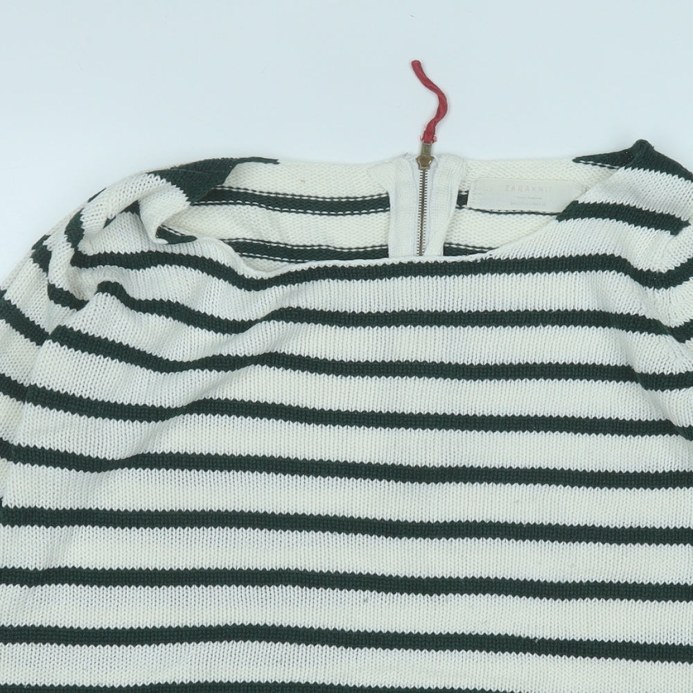 Zara Womens Green Round Neck Striped Cotton Pullover Jumper Size L