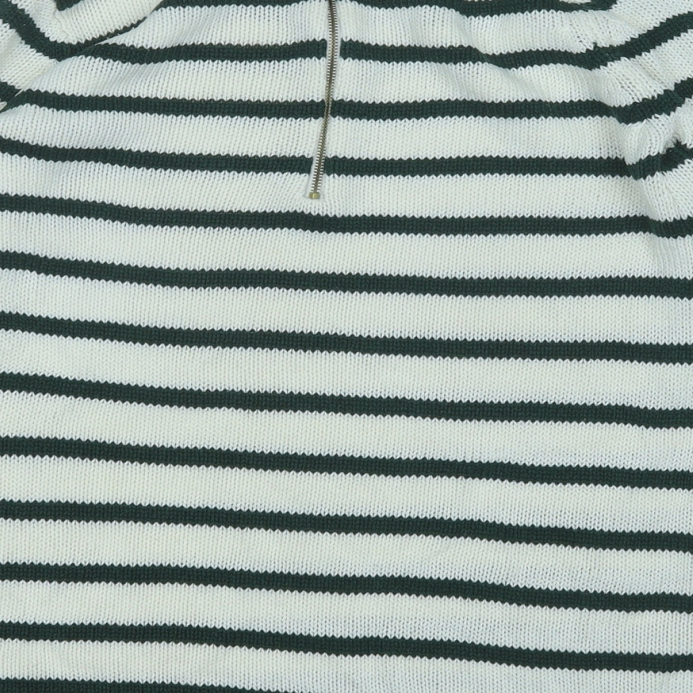 Zara Womens Green Round Neck Striped Cotton Pullover Jumper Size L