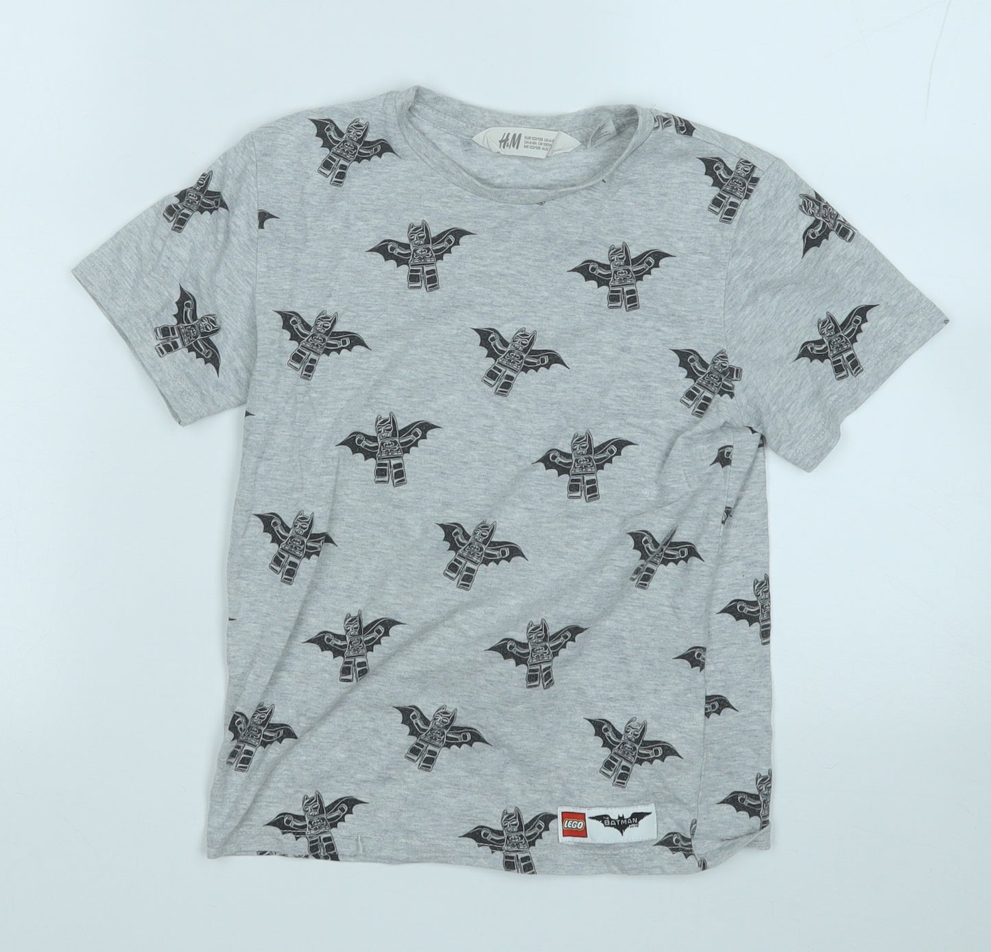 H&M Boys Grey Geometric Cotton Basic T-Shirt Size 6-7 Years Round Neck  - Lego Batman