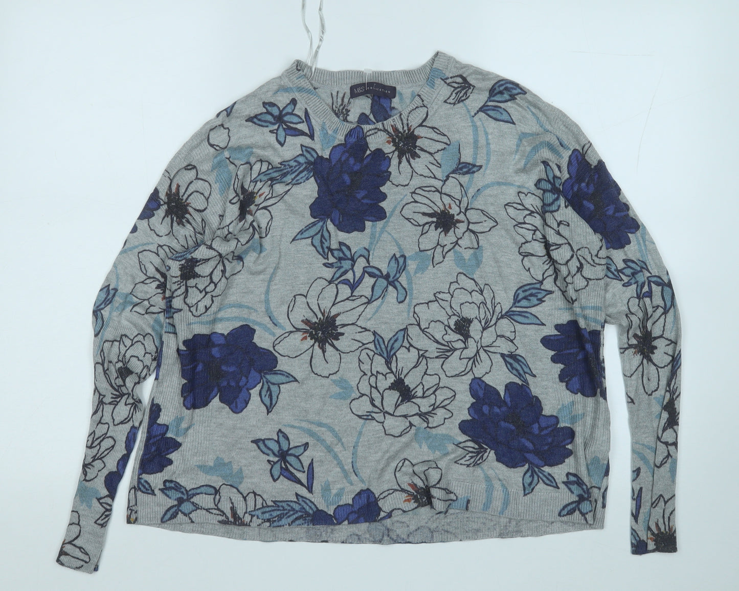 Marks and Spencer Womens Grey Round Neck Floral Acrylic Pullover Jumper Size 16