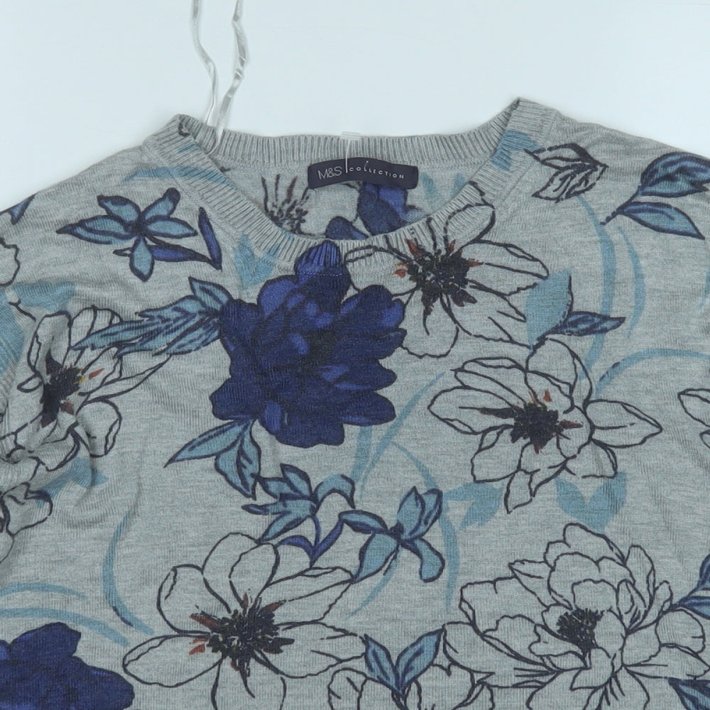 Marks and Spencer Womens Grey Round Neck Floral Acrylic Pullover Jumper Size 16