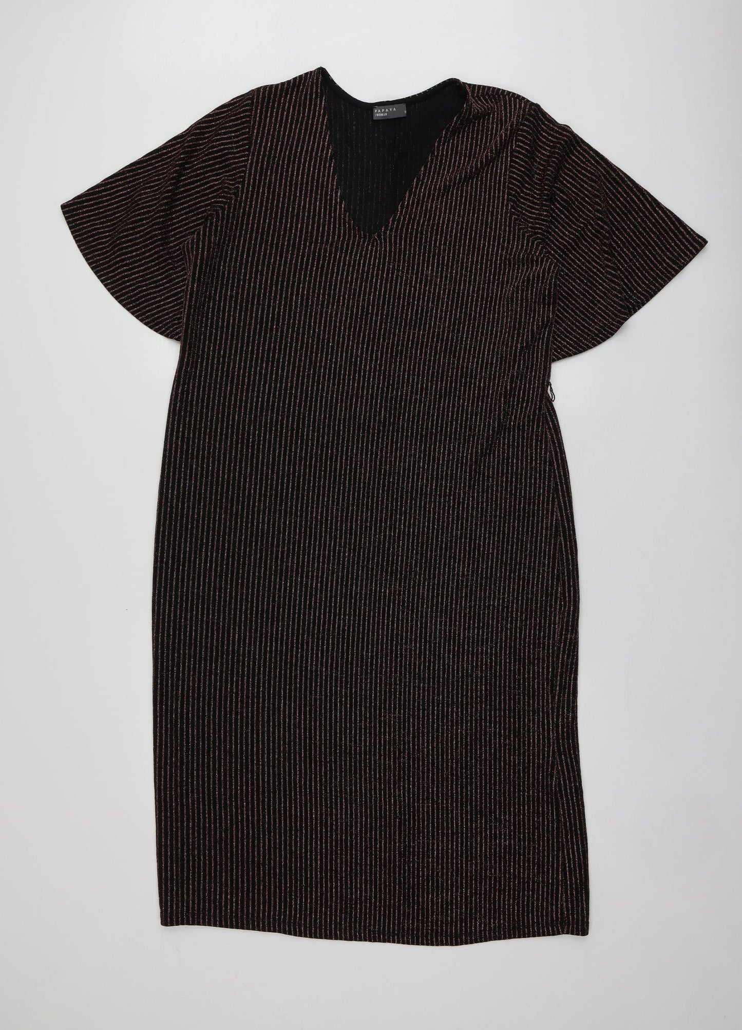 Papaya Womens Black Striped Polyamide A-Line  Size 18  V-Neck