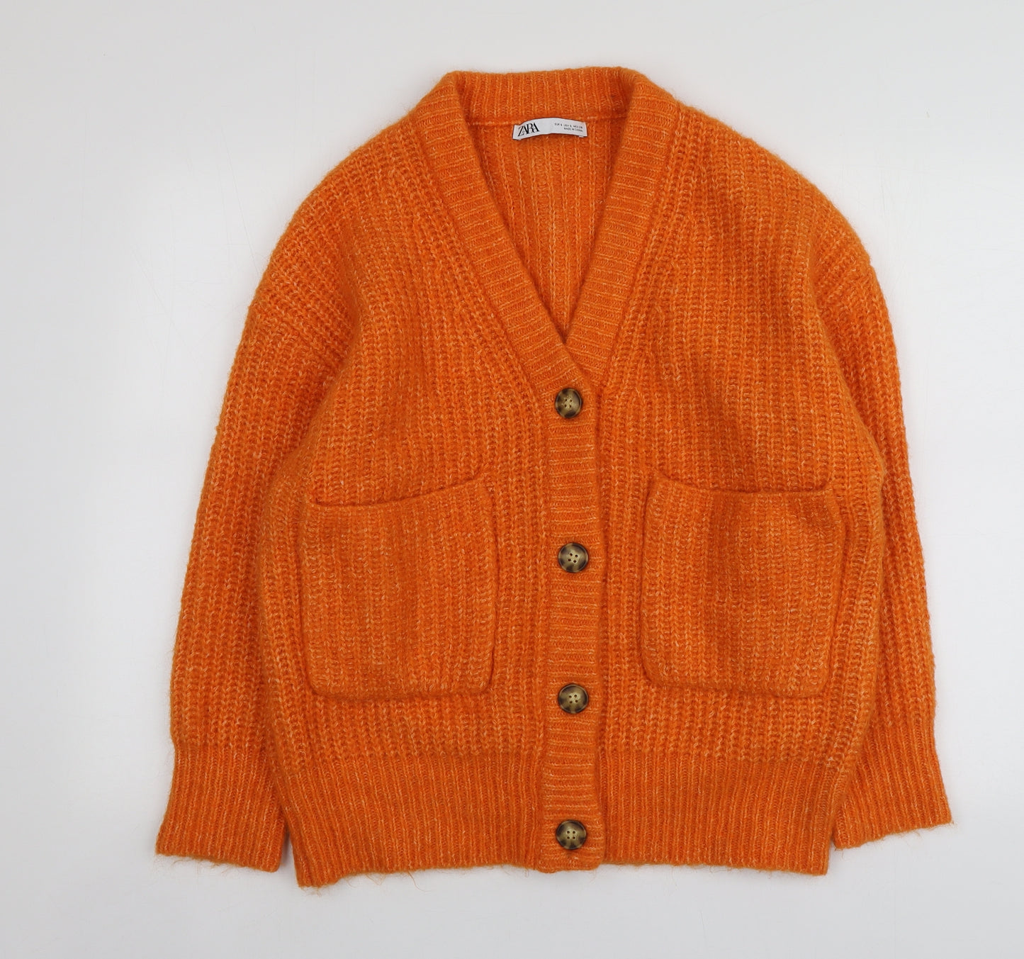 Zara Womens Orange V-Neck  Acrylic Cardigan Jumper Size S