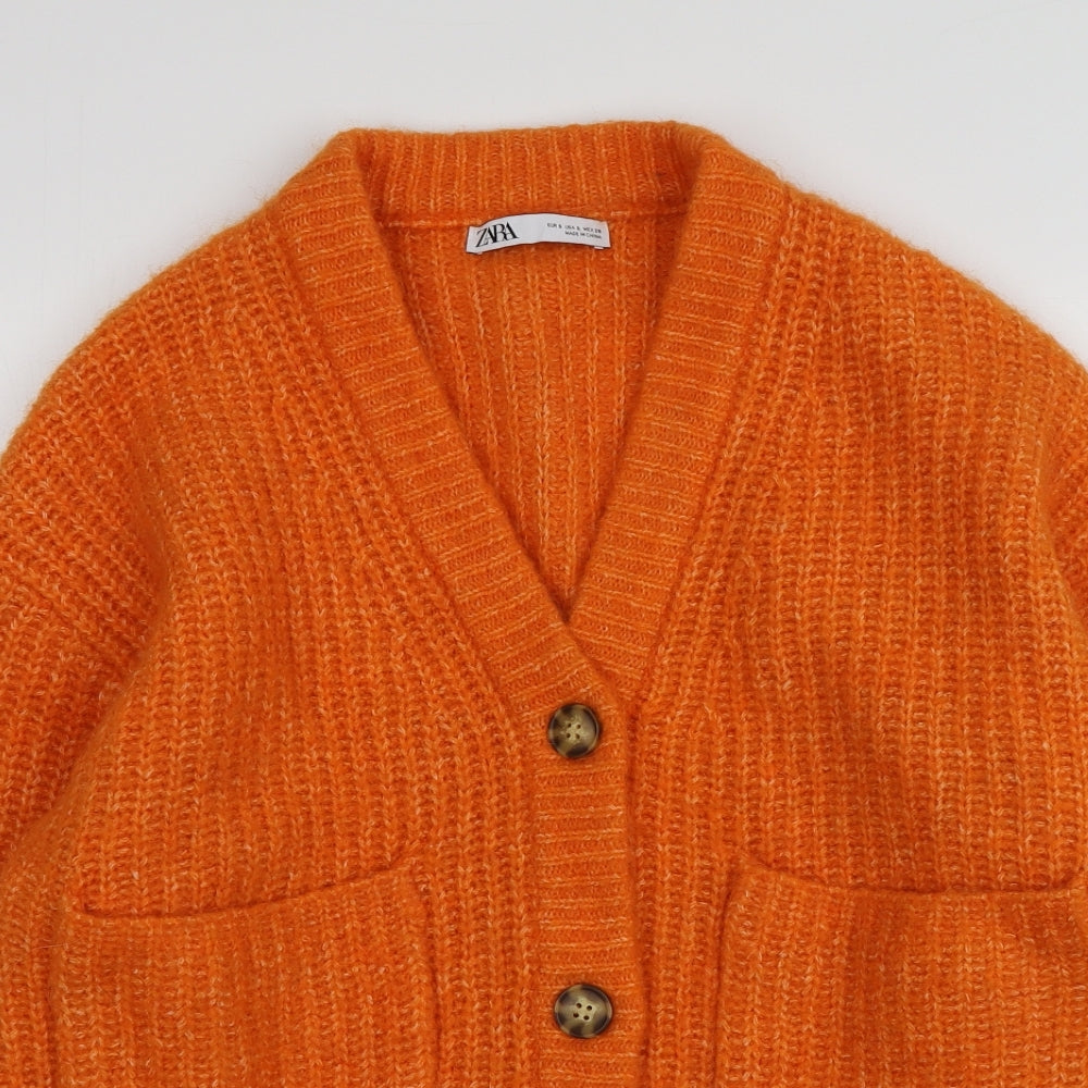 Zara Womens Orange V-Neck  Acrylic Cardigan Jumper Size S
