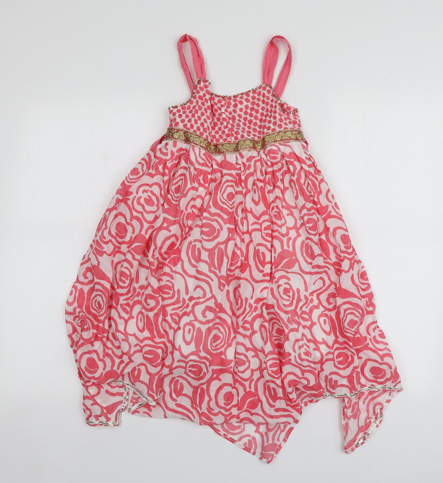 Monsoon Girls Pink Geometric Cotton Skater Dress  Size 7-8 Years  Square Neck