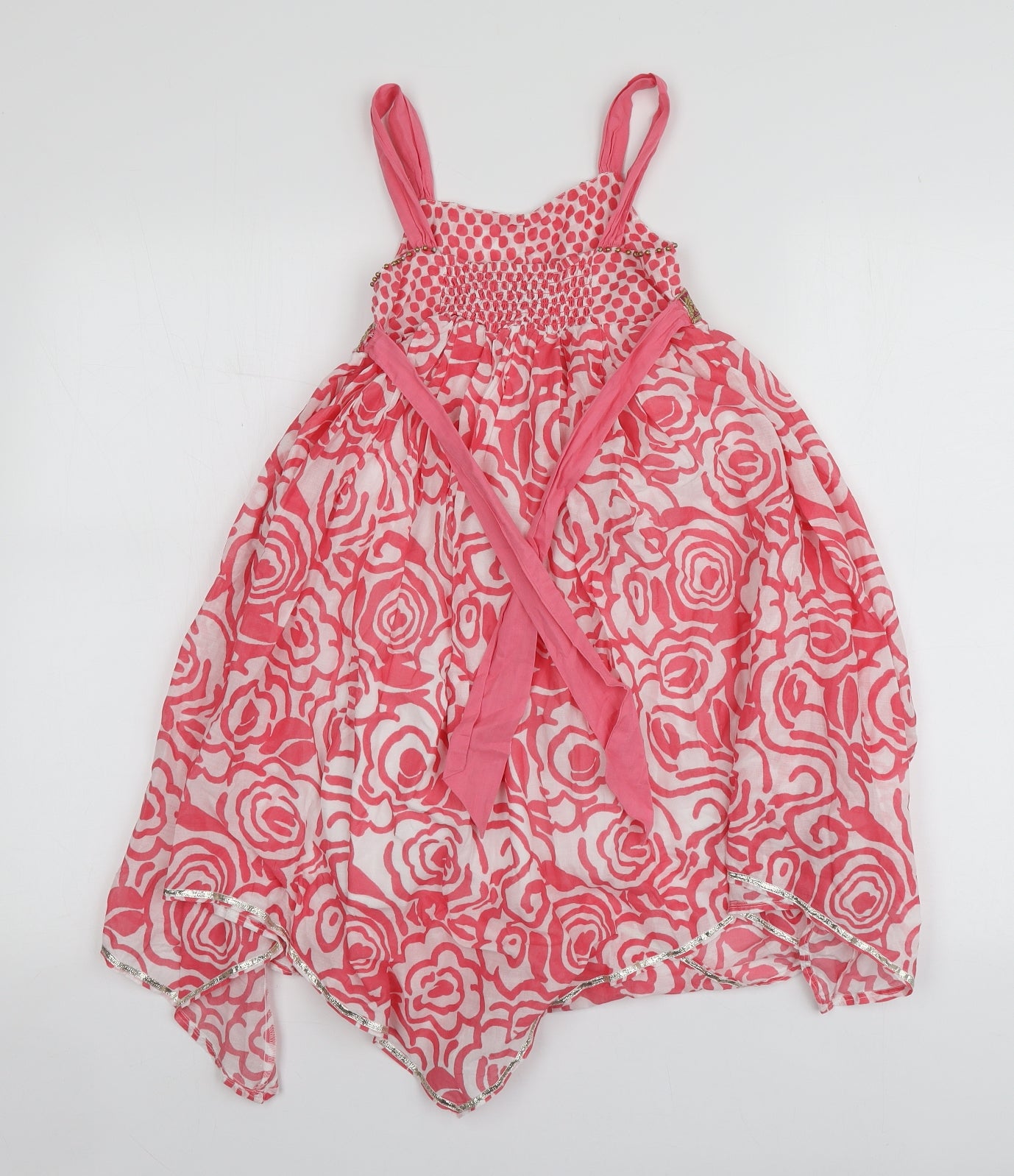 Monsoon Girls Pink Geometric Cotton Skater Dress  Size 7-8 Years  Square Neck