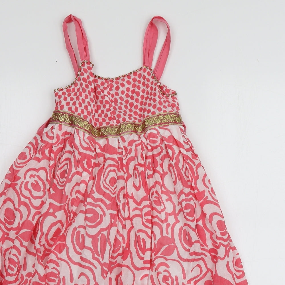 Monsoon Girls Pink Geometric Cotton Skater Dress  Size 7-8 Years  Square Neck