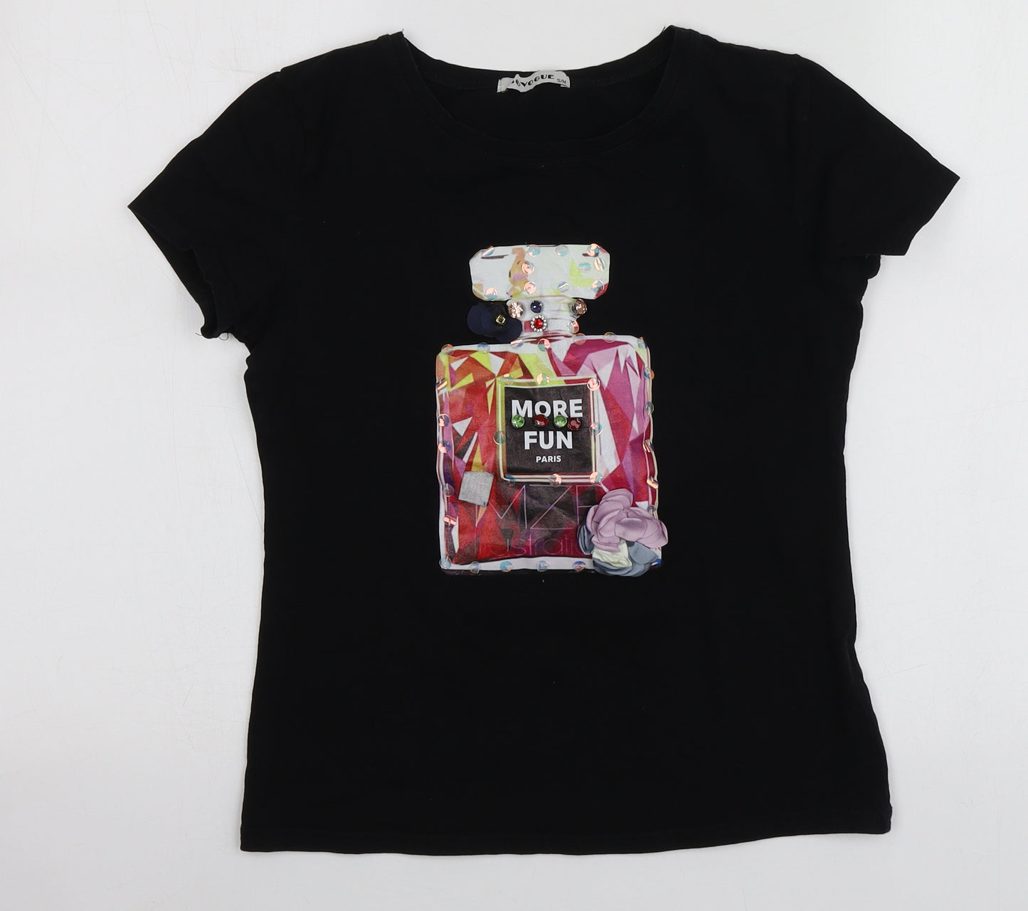 Sovogue Womens Black Geometric Cotton Basic T-Shirt Size S Round Neck