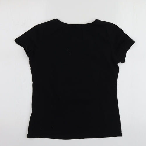 Sovogue Womens Black Geometric Cotton Basic T-Shirt Size S Round Neck