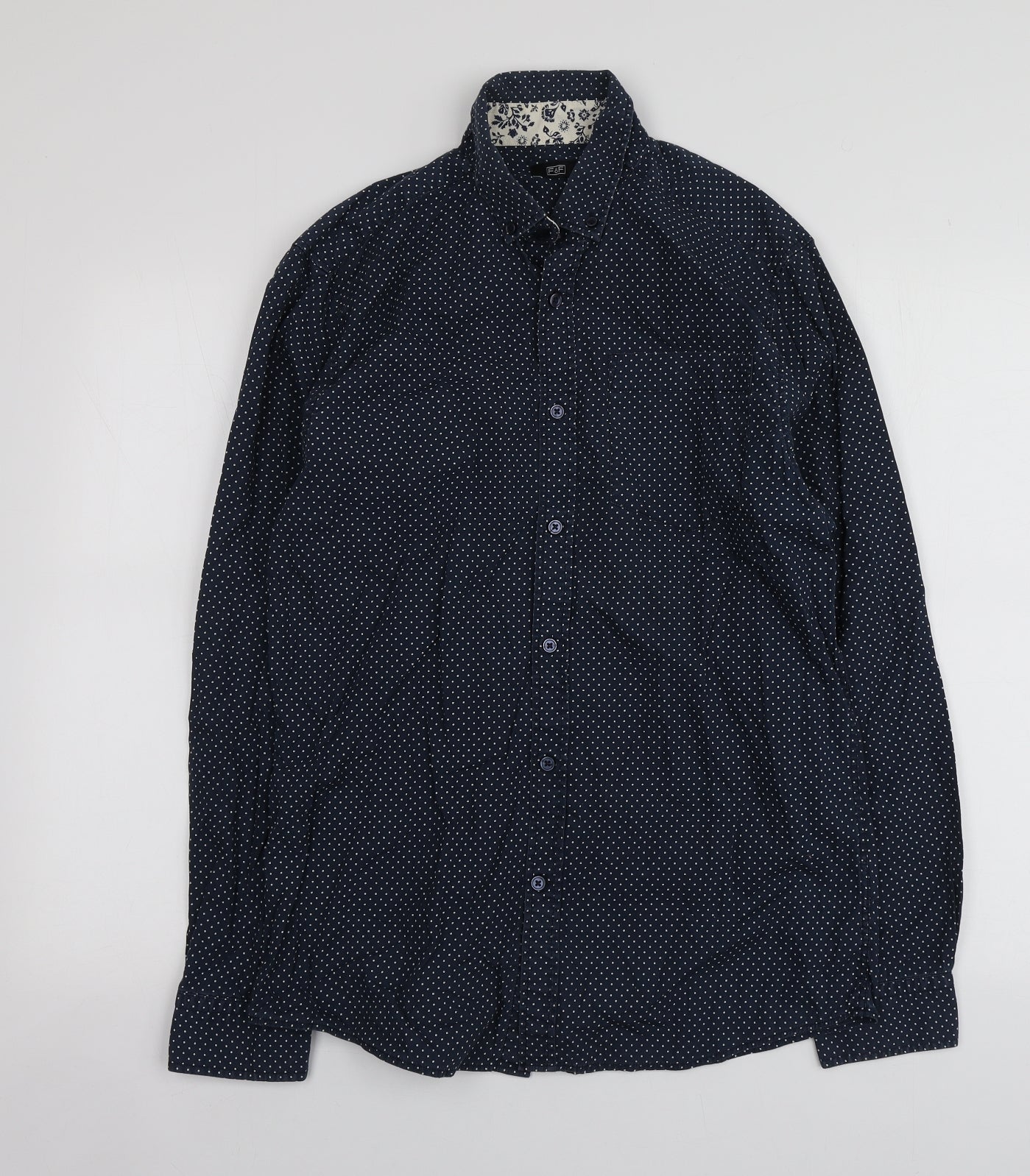 F&F Mens Blue Polka Dot Cotton  Button-Up Size M Collared