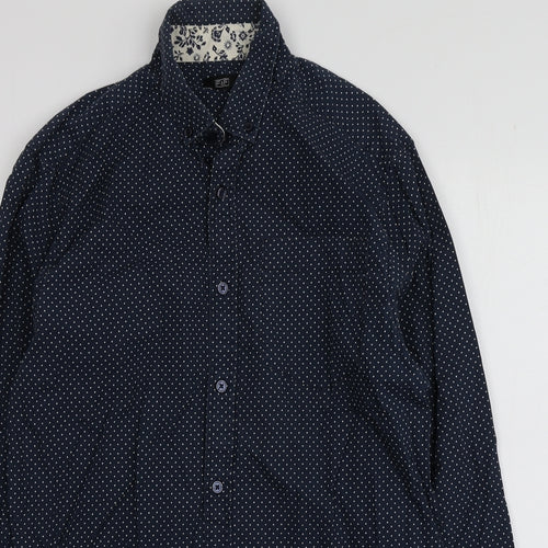 F&F Mens Blue Polka Dot Cotton  Button-Up Size M Collared